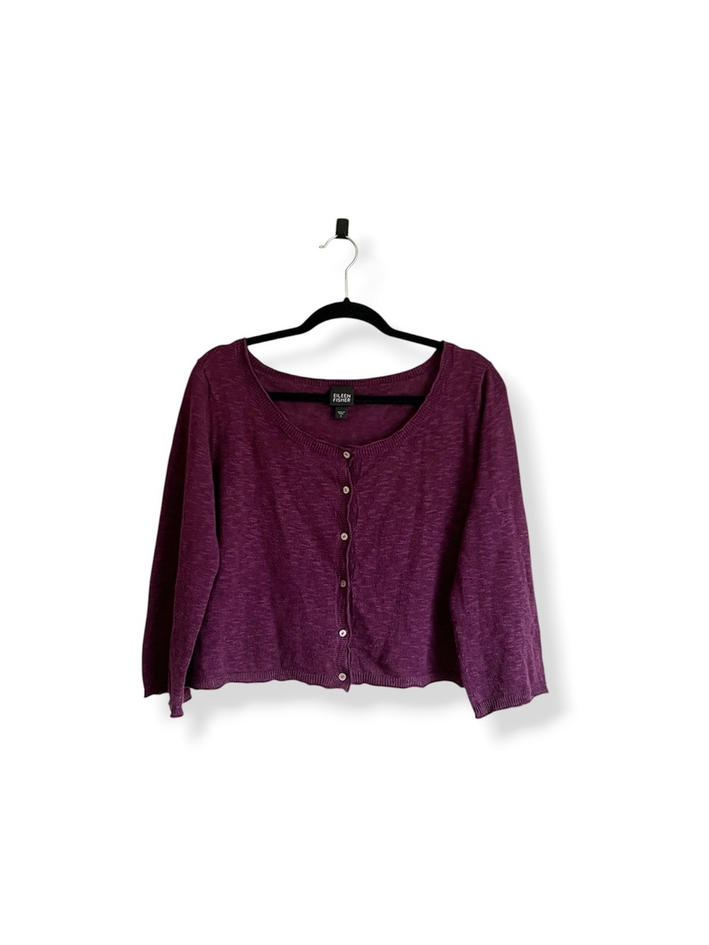 Eileen Fisher Linen & Cotton Purple Crop 3/4 Sleeve Classic Buttoned Cardigan - Picture 2 of 6
